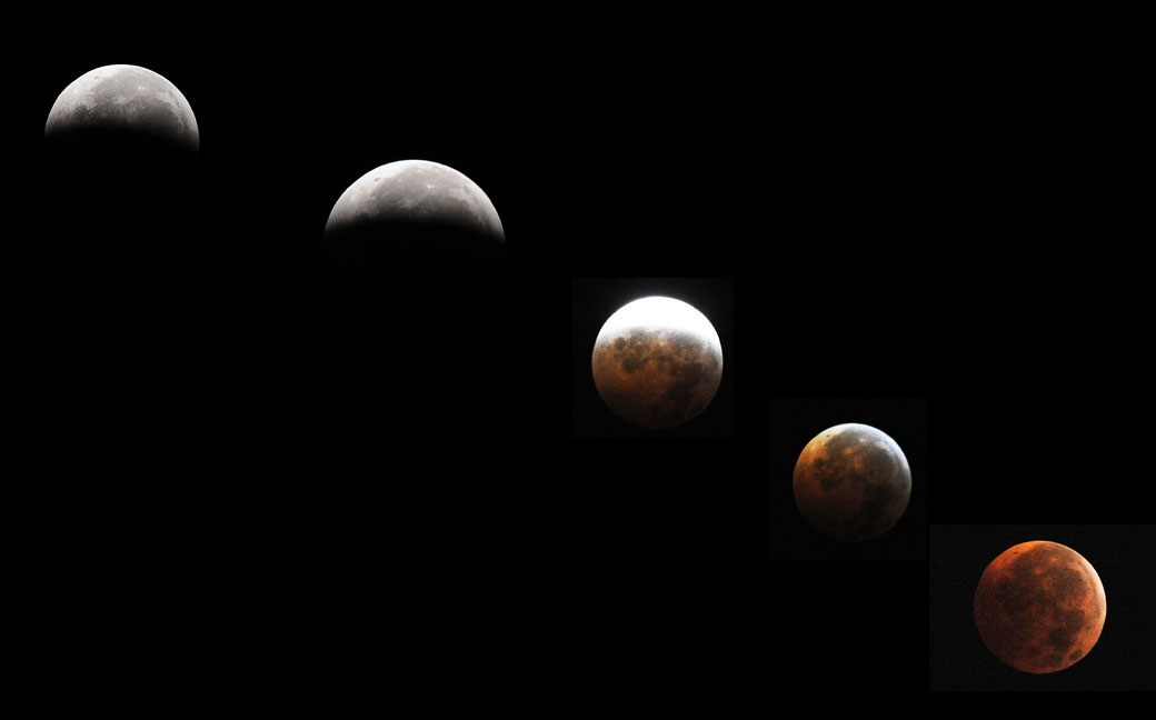 This combination of pictures shows the moon during a circle of a total eclipse as seen from Silver Spring, Maryland, on December 21, 2010. 