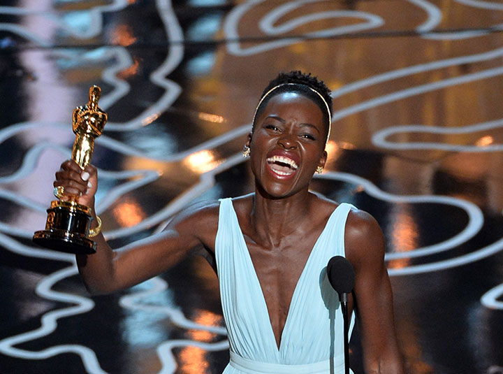 Lupita Nyong’o reacts to winning an Oscar on March 2, 2014.