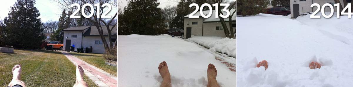 Greg MacKay illustrates the weather with these photos of his feet in his Winnipeg backyard on March 17 in 2012, 2013 and 2014.