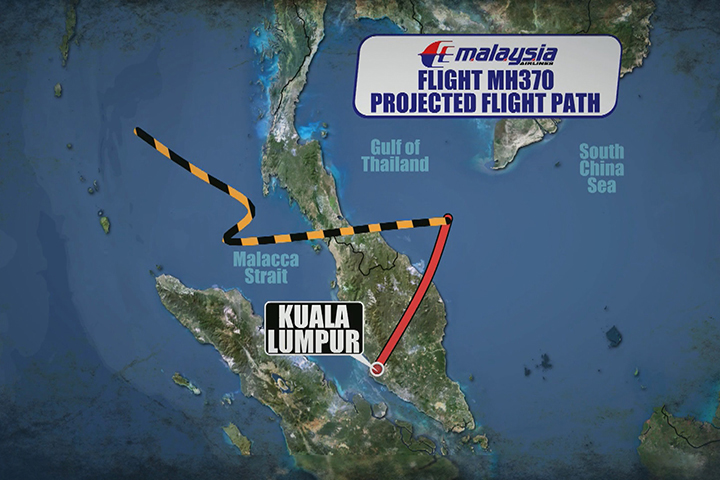 An updated map showing the projected flight path for missing Malaysia Flight MH370.