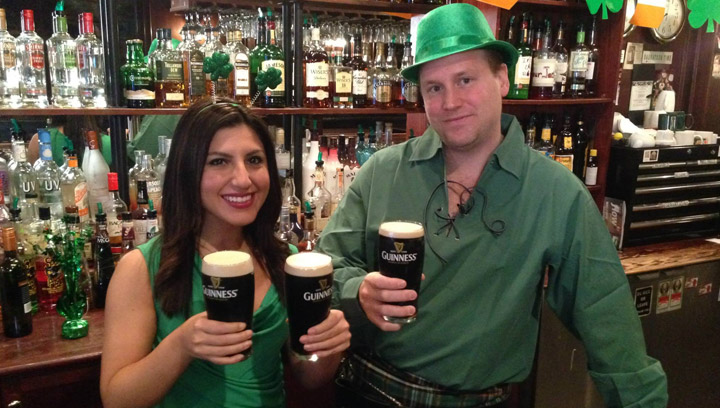 Melissa raises a pint (or two) with O'Sheas co-owner Daniel to celebrate St. Patrick’s Day.