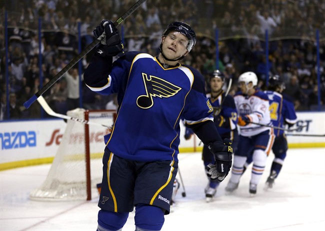 St. Louis Blues' Vladimir Tarasenko, of Russia, celebrates after scoring during the second period of an NHL hockey game against the Edmonton Oilers, Thursday, March 13, 2014, in St. Louis.