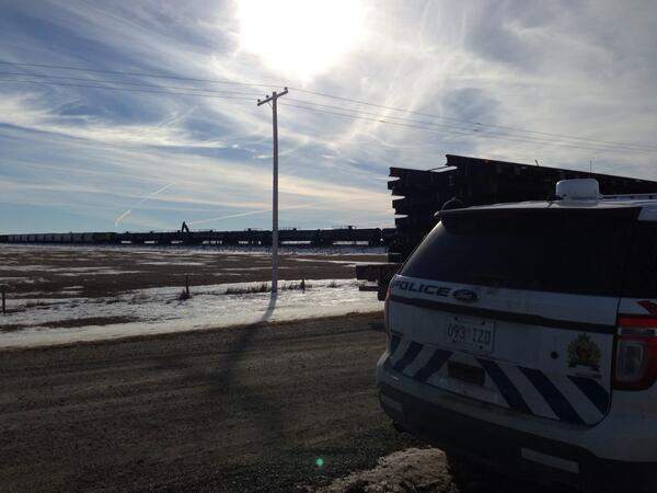 A Canadian Pacific freight train carrying anhydrous ammonia has come off the tracks after a collision with a semi-trailer near Mortlach, Sask.