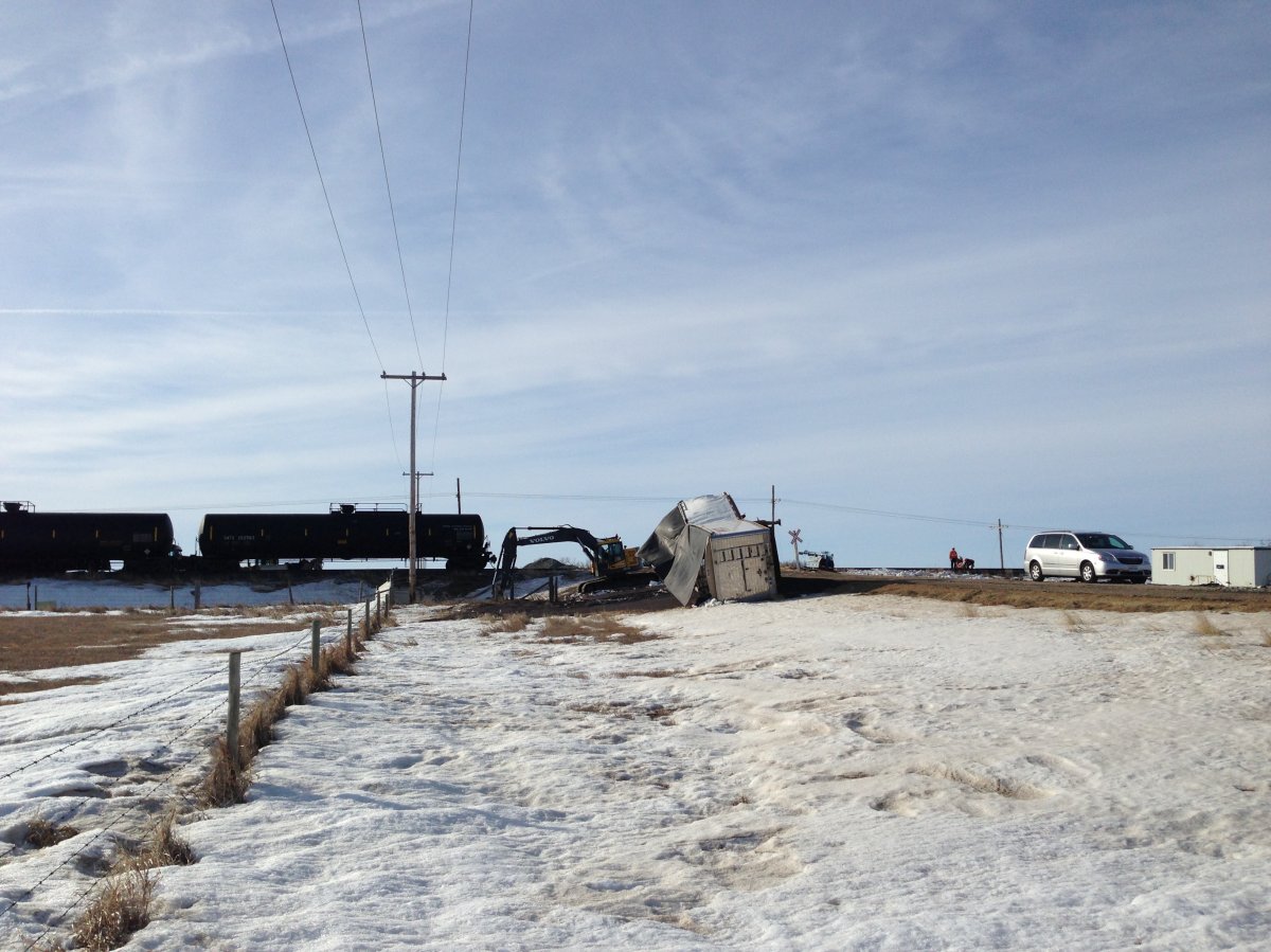 A Canadian Pacific freight train carrying anhydrous ammonia has come off the tracks after a collision with a semi-trailer near Mortlach, Sask.