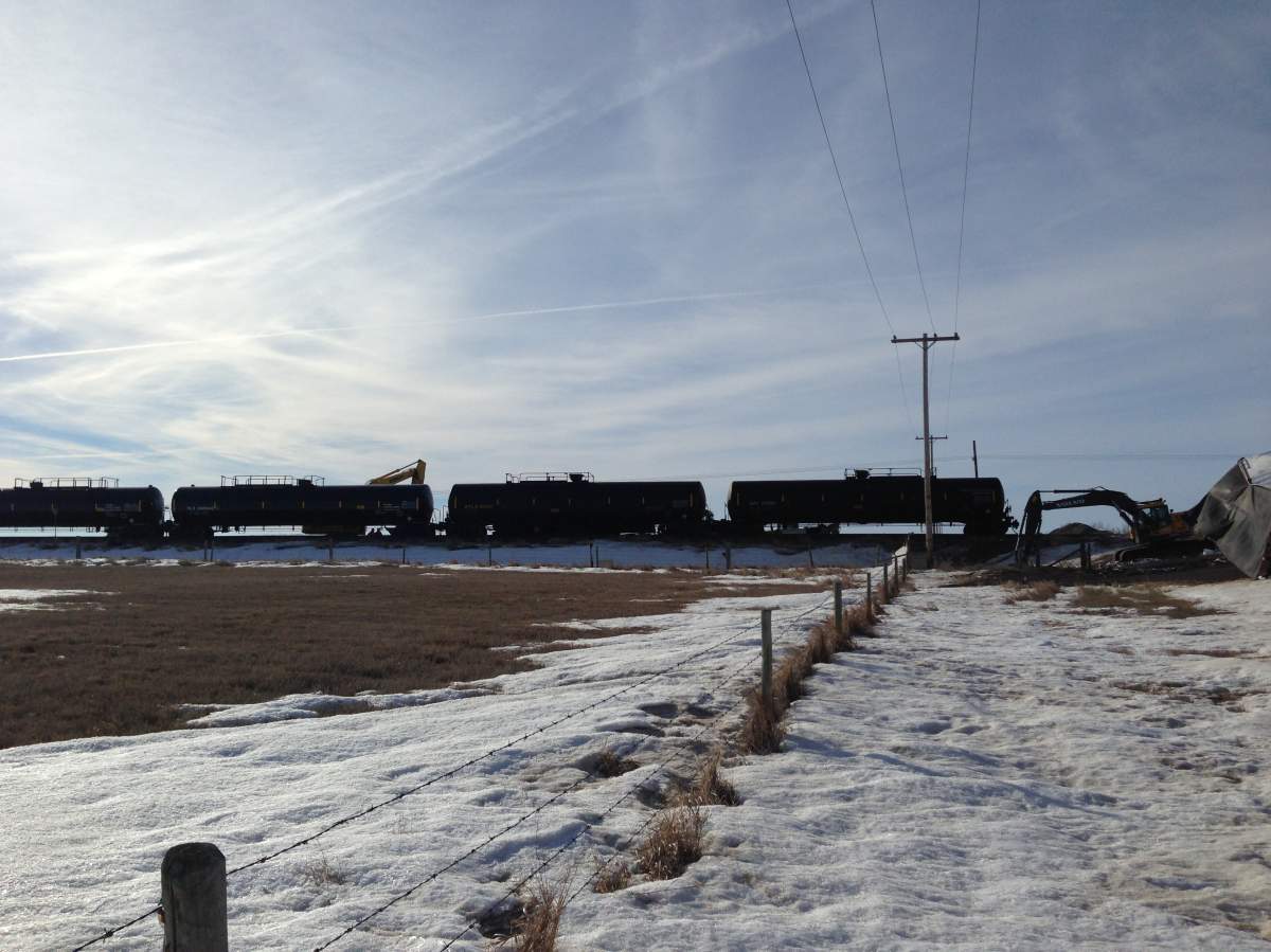 A Canadian Pacific freight train carrying anhydrous ammonia has come off the tracks after a collision with a semi-trailer near Mortlach, Sask.