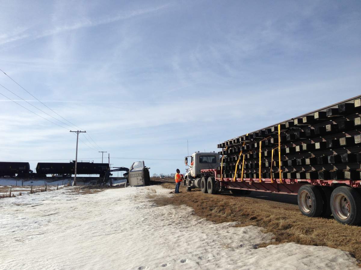 A Canadian Pacific freight train carrying anhydrous ammonia has come off the tracks after a collision with a semi-trailer near Mortlach, Sask.
