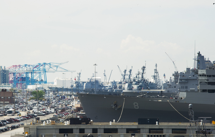 U.S. Navy ships line the pier at Naval Station Norfolk in Norfolk, Virginia on May 8, 2013. 
