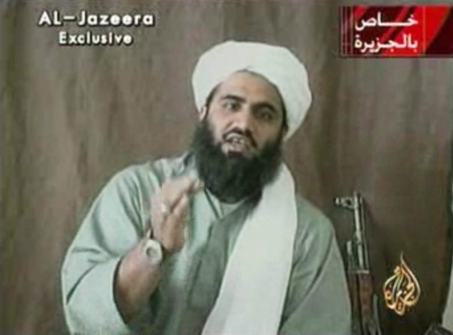 FILE - This image made from video provided by by Al-Jazeera shows Sulaiman Abu Ghaith, Osama bin Laden's son-in-law and spokesman.