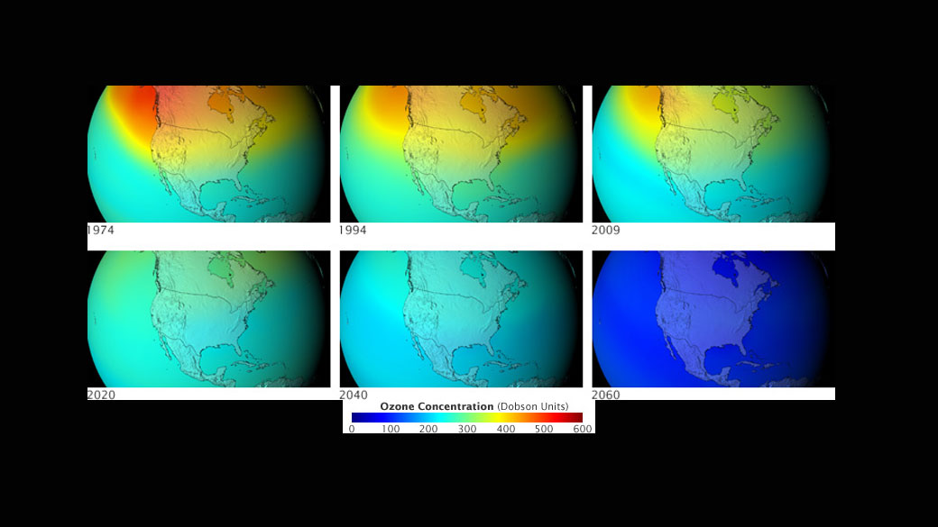 In 2009, a team of NASA-led scientists set out to predict what the ozone layer would have looked like today and in the future if countries around the world had not signed the Montreal Protocol Treaty banning ozone-depleting chemicals. This series of images shows ozone concentrations over the mid-latitudes in these scenarios.