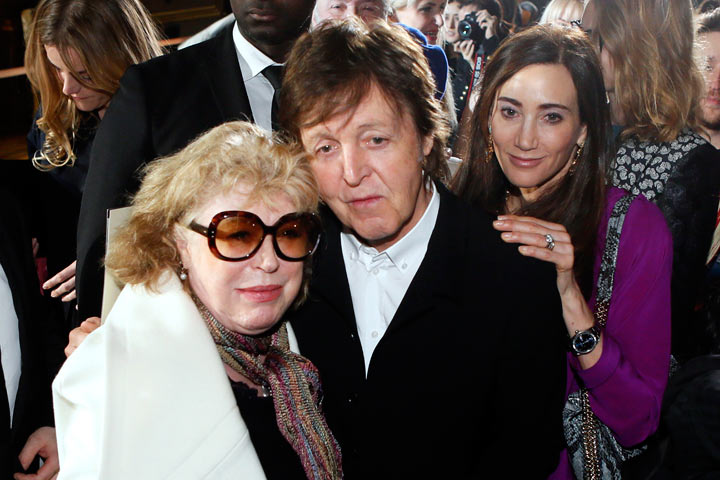Paul McCartney and his wife Nancy Shevell (R) pose on March 4, 2013 with British singer Marianne Faithfull as they attend Stella McCartney’s Fall/Winter 2013-2014 ready-to-wear collection show in Paris.