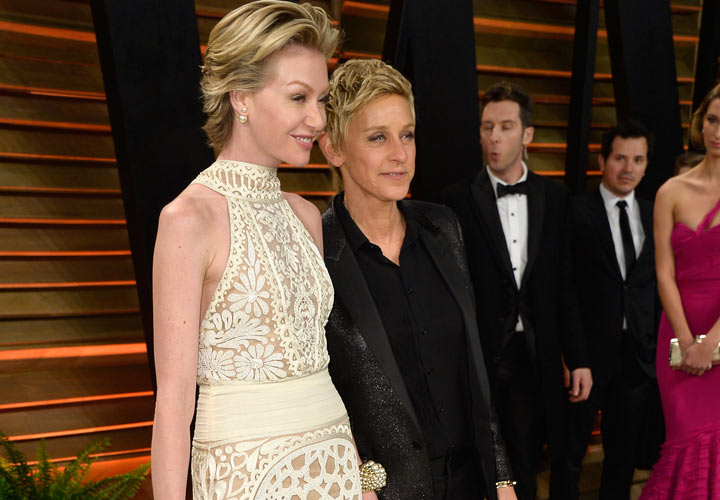 Actress Portia de Rossi (L) and TV personality Ellen DeGeneres attend the 2014 Vanity Fair Oscar Party hosted by Graydon Carter on March 2, 2014 in West Hollywood, California.