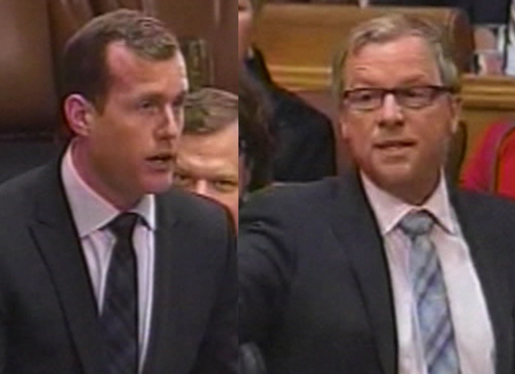 NDP Finance Critic Trent Wotherspoon and Premier Brad Wall exchange words over the Saskatchewan Futures Fund.