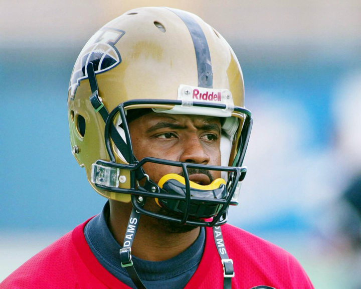 Winnipeg Blue Bomber starting quarterback Khari Jones is seen wearing a new Riddell Revolution.