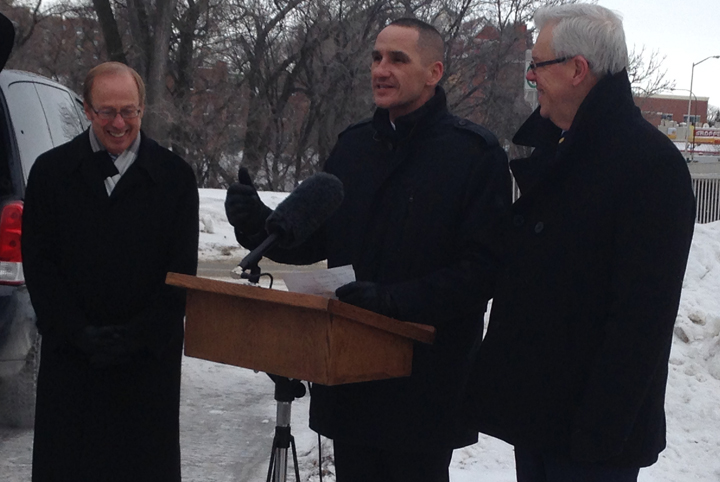 Mayor Sam Katz (from left), Kevin Chief, the provincial minister responsible for Winnipeg, and Premier Greg Selinger announce funding for Winnipeg street work on Wednesday morning.