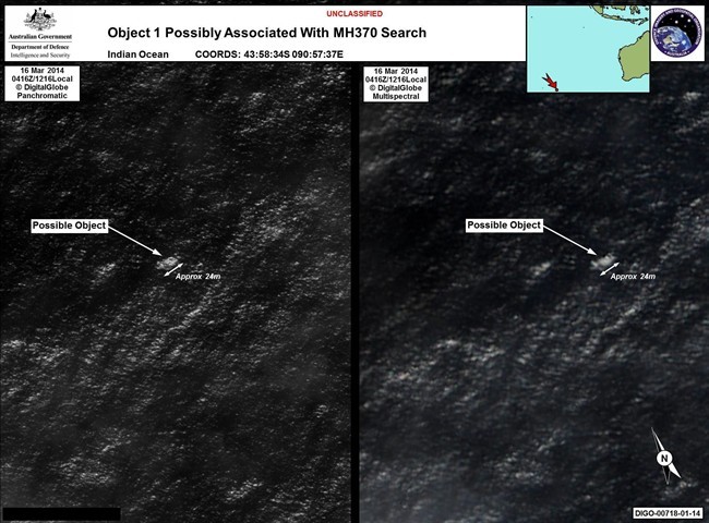 In this March 16, 2014 satellite imagery on shows a floating object is seen at sea next to the descriptor which was added by the source. Australia’s government reported Thursday, March 20, 2014 that the images show suspected debris from the missing Malaysia Airlines jetliner floating in an area 2,500 kilometers (1,550 miles) southwest of Perth Australia.