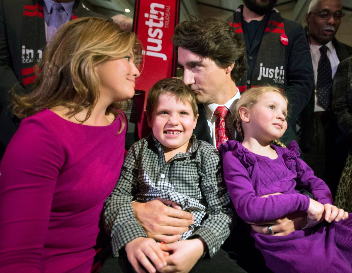 Liberal leadership candidate Justin Trudeau greets his family after addressing the 2013 Liberal Leadership National Showcase in Toronto on Saturday, April 6, 2013. THE CANADIAN PRESS/Justin Tang.