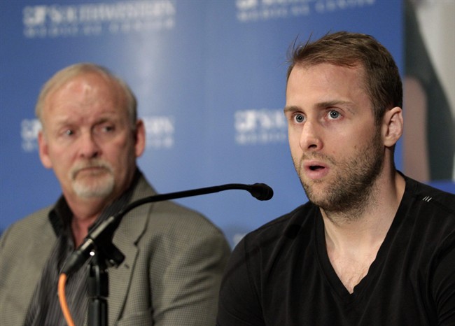 Dallas Stars forward Rich Peverley, right, makes a statement regarding his health and the incident which occurred in a recent NHL game during a news conference at UT Southwestern Medical Center as coach Lindy Ruff looks on Wednesday, March 12, 2014, in Dallas. Peverley will not play again this season. 