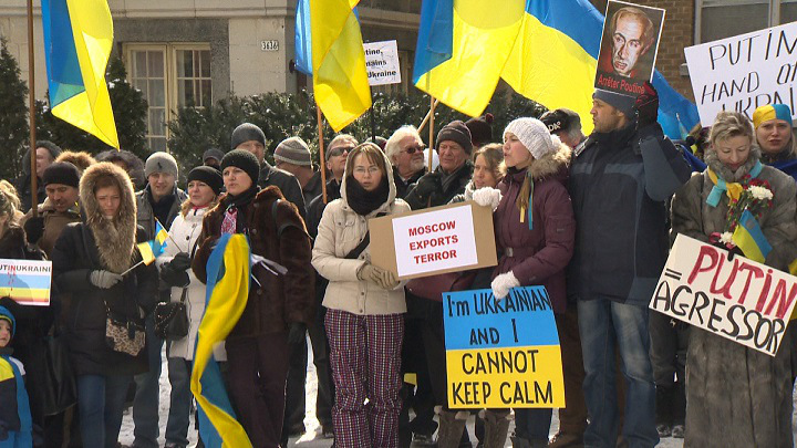 Ukrainian Montrealers protested in front of the Russian Consulate on Sunday, March 2, 2014.