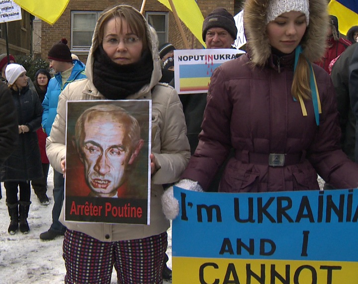 Ukrainian Montrealers protested in front of the Russian Consulate on Sunday, March 2, 2014.