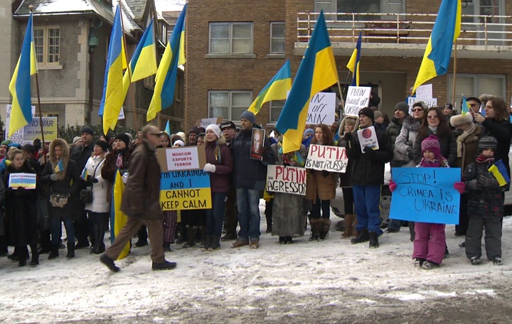 Ukrainian Montrealers protested in front of the Russian Consulate on Sunday, March 2, 2014.