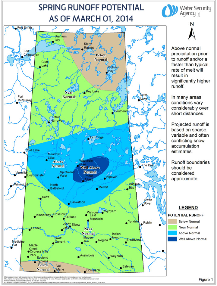 Water Security Agency predicting well above normal runoff for Prince Albert region, Saskatoon expected to have above normal runoff.