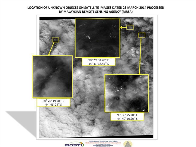 This graphic released by the Malaysian Remote Sensing Agency on Wednesday March 26, 2014, shows satellite imagery taken on March 23, 2014, with the approximate positions of objects seen floating in the southern Indian Ocean in the search zone for the missing Malaysia Airlines Flight 370. 