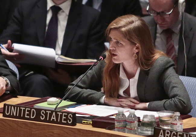 U.S. Ambassador to the United Nations Samantha Power speaks during a meeting of the U.N. Security Council on Ukraine, Monday March 3, 2014, at U.N. headquarters.