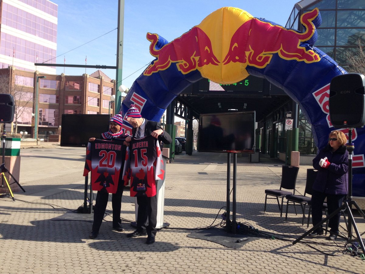 Councillor Amarjeet Sohi, along with Minister Heather Klimchuk and Minister Richard Starke, announcing the Red Bull Crashed Ice Tour stop in Edmonton, April 1, 2014.