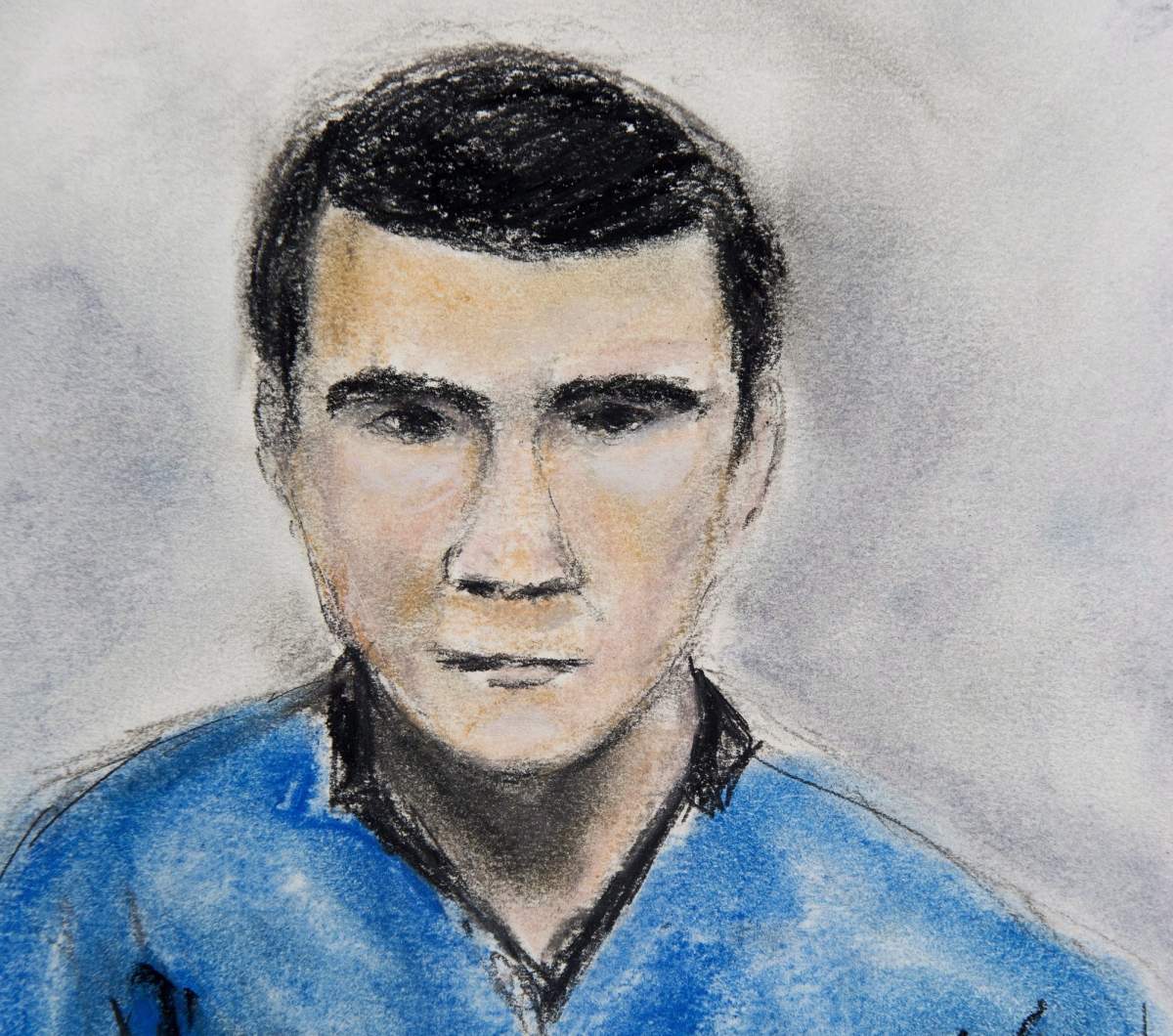 A sketch of Matthew de Grood, appearing in a Calgary court on Tuesday April 22, 2014, by artist Janice Fletcher, is shown. 