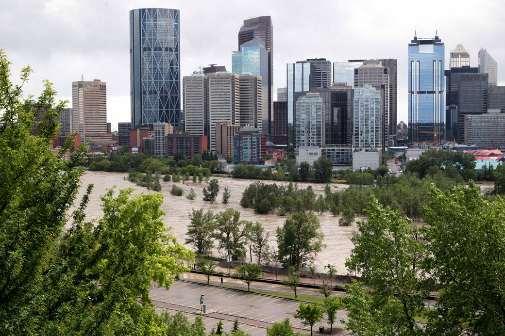 A high view shows the flooding at Bow River where water covered an island next to the downtown core, in Calgary, Alberta,  June 22, 2013. 