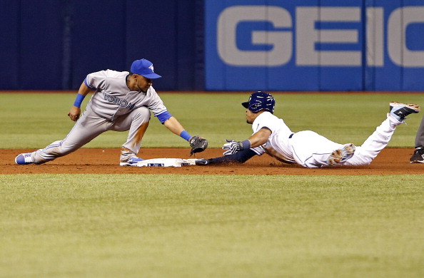 Desmond Jennings #8 of the Tampa Bay Rays slides safely into second base ahead of second baseman Maicer Izturis #3 of the Toronto Blue Jays after hitting a double during the third inning of a game on April 3, 2014 at Tropicana Field in St. Petersburg, Florida.  (Photo by Brian Blanco/Getty Images).