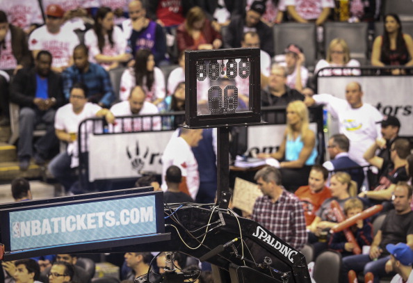 The Shot clock on the floor behind each net went dark during the third Quarter and remained that way for the rest of the game  as the  Brooklyn Nets defeated the Toronto Raptors  94-87 at the Air Canada Centre April 19, 2014.  (David Cooper/Toronto Star via Getty Images).