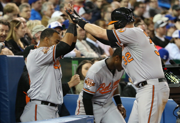 Matt Wieters #32 of the Baltimore Orioles is congratulated by Nelson Cruz #23 after hitting a solo home run in the seventh inning during MLB game action against the Toronto Blue Jays on April 23, 2014 at Rogers Centre in Toronto, Ontario, Canada. (Photo by Tom Szczerbowski/Getty Images).