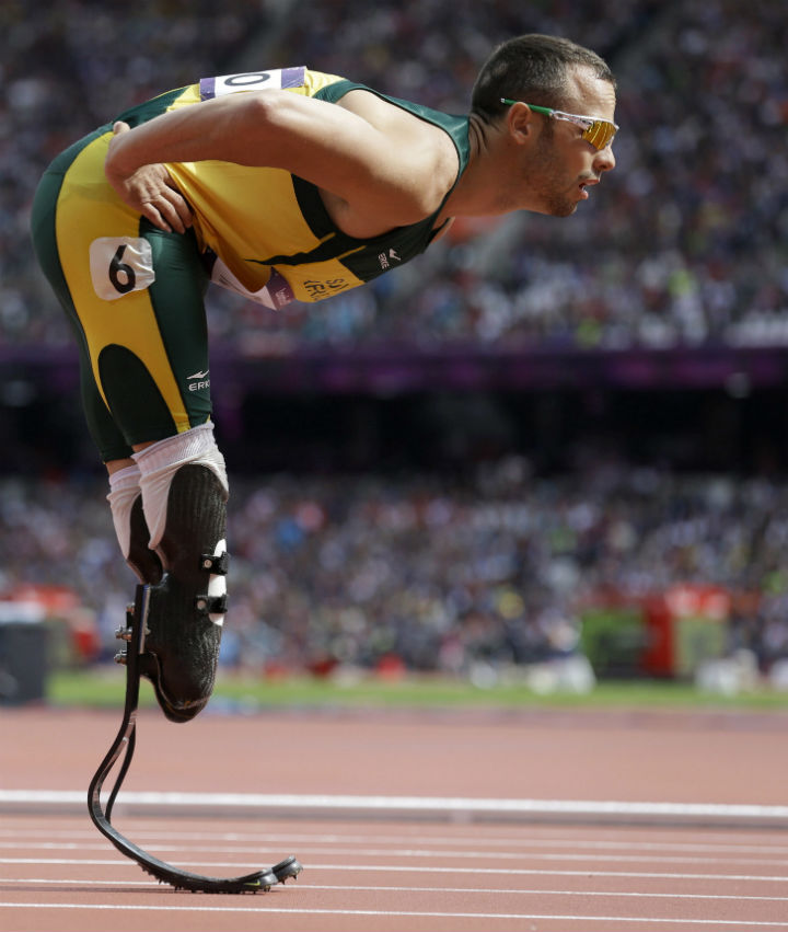 In this Saturday, Aug. 4, 2012 file photo South Africa’s Oscar Pistorius, now on trial for the murder of his girlfriend Reeva Steenkamp, prepares to compete in a men’s 400-meter heat during the athletics in the Olympic Stadium at the 2012 Summer Olympics, London.
