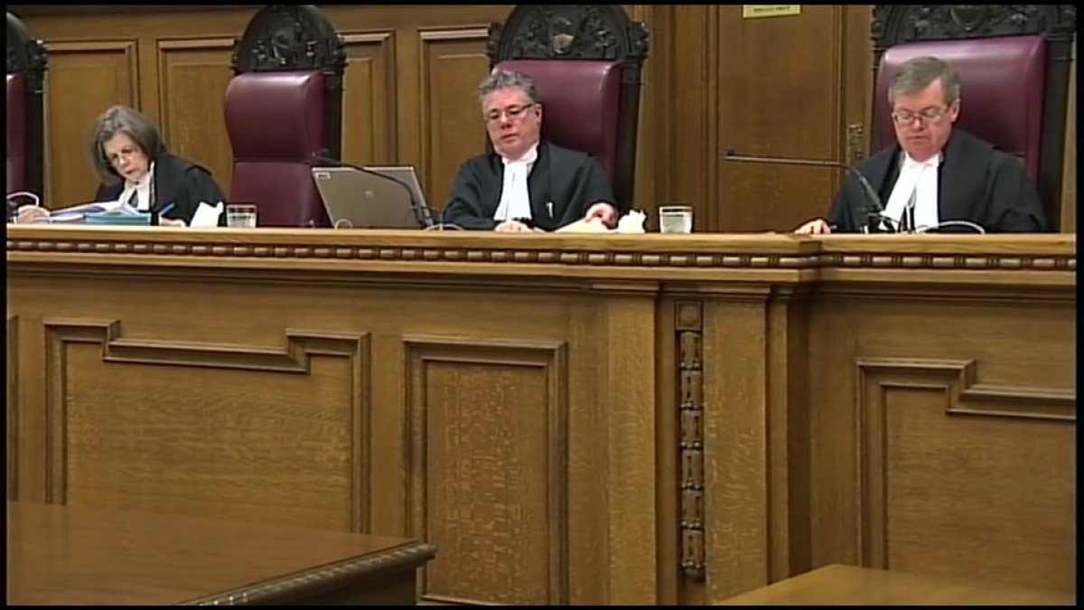 A panel of judges on Manitoba's Court of Appeal during the first televised appeal in the province's history, on Wednesday, April 30, 2014.