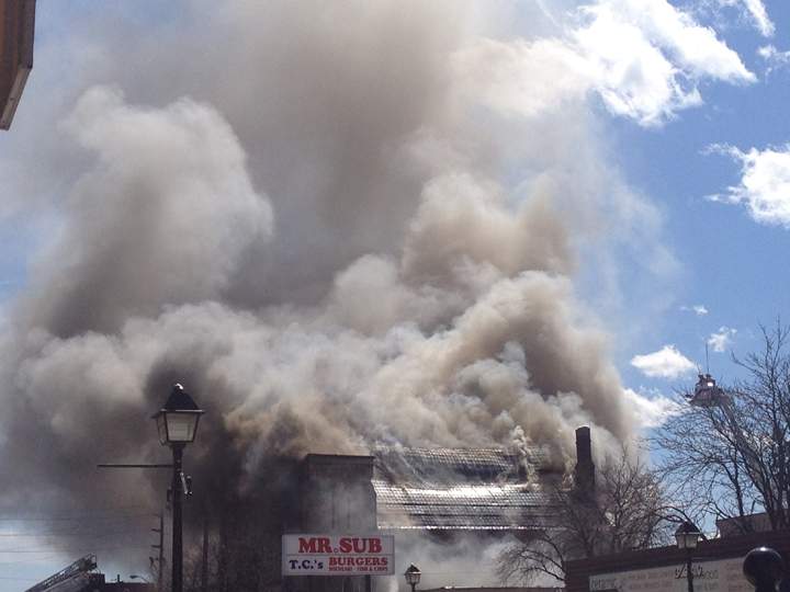 Aurora firefighters battle a large blaze at the Aurora United Church on Yonge Street.