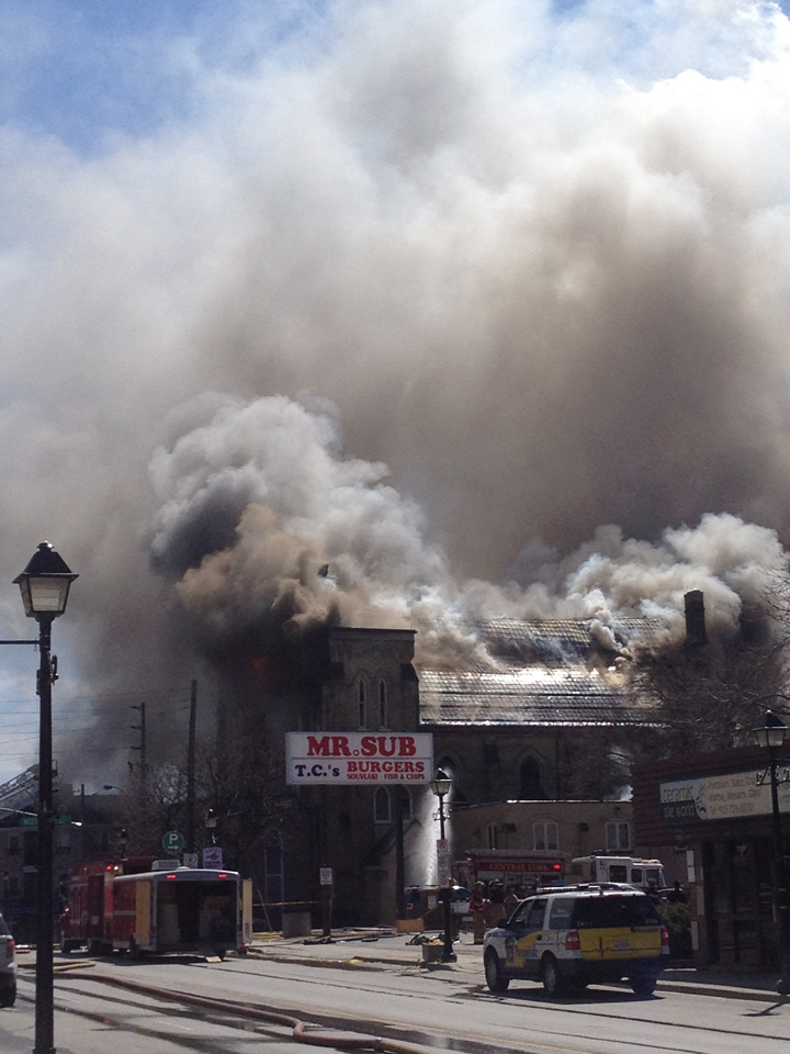 Aurora firefighters battle a large blaze at the Aurora United Church on Yonge Street.