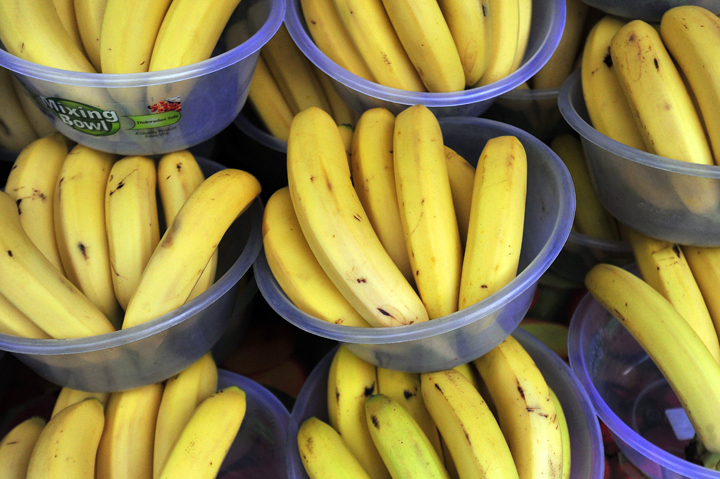 A picture shows bananas on sale at a market in London on February 23, 2014. 
