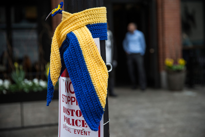 A knitted tribute hangs on a street light along the course of the Boston Marathon on the one year anniversary of the 2013 Boston Marathon Bombing, on April 15, 2014 in Boston, Massachusetts. 
