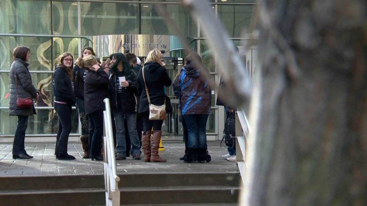 Family and friends of Brandon Thomas outside of Calgary court .