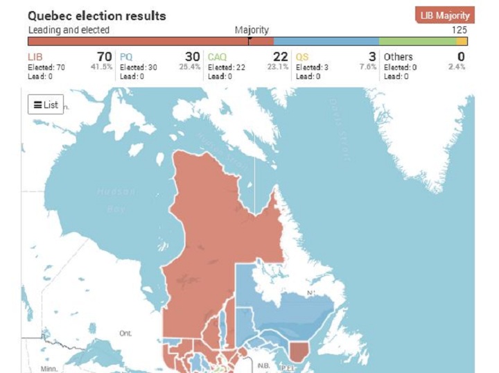 Canadian Press map data of Quebec provided by Elections Quebec that spills over the southern Labrador boundary.