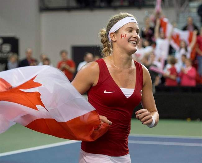 Eugenie Bouchard celebrates her win in Quebec City on Sunday, April 20, 2014. THE CANADIAN PRESS/Jacques Boissinot.