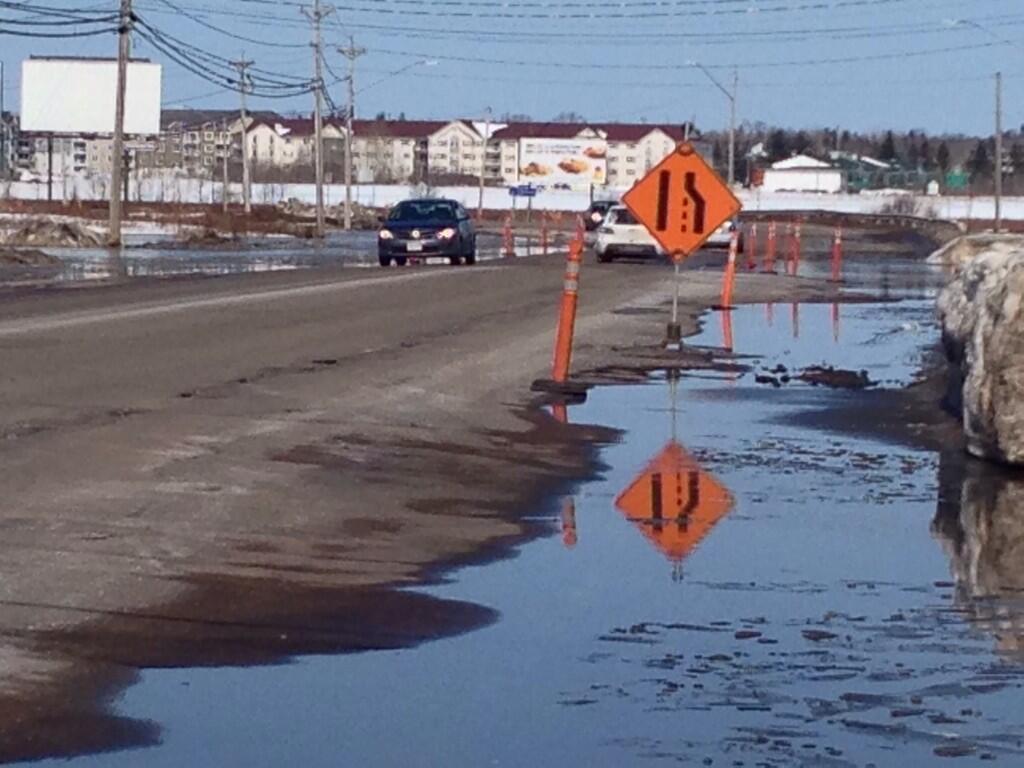 Lanes are closed because of localized flooding in Dieppe on April 7.