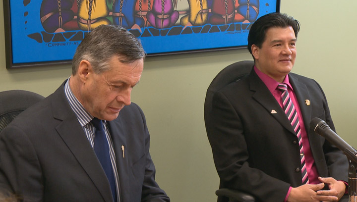 Education Minister Don Morgan (left) and FSIN vice chief Bobby Cameron announce the province is investing $120,000 to include K-12 First Nation schools in provincial Microsoft licensing agreement.