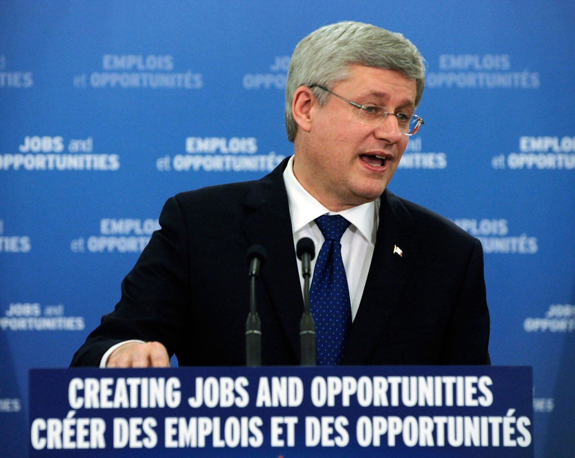Prime Minister Stephen Harper speaks to media and guests about infrastructure funding at the Whitchurch-Stouffville Museum & Community Centre in Gormley, Ont., Thursday, February 13, 2014.