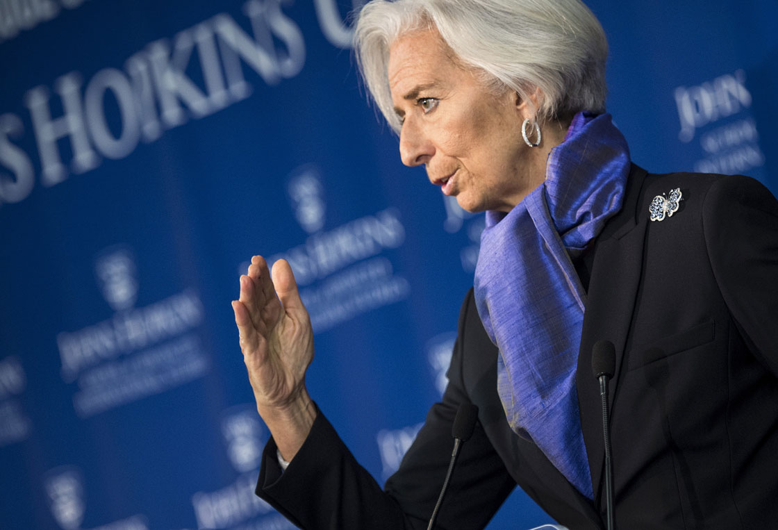 International Monetary Fund managing director Christine Lagarde speaks at the Johns Hopkins School of Advanced International Studies in early April.