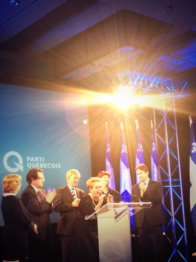 After announcing she would step down as leader of the Parti Quebecois, Pauline Marois says her final words to supporters April 7, 2014 in Montreal.