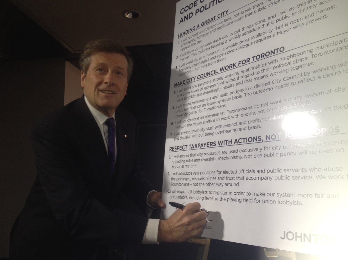 Toronto mayoral candidate John Tory releases his campaign platform "code of conduct" on April 3, 2014.