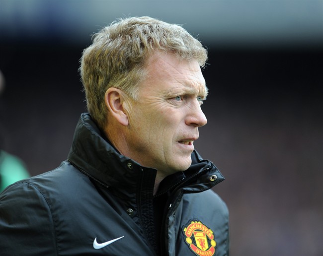 Manchester United's manager David Moyes looks on during their English Premier League soccer match against Everton at Goodison Park in Liverpool, England, Sunday April 20, 2014.