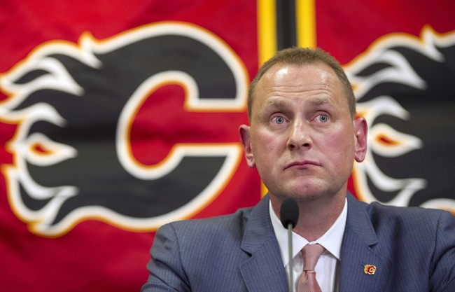 Calgary Flames' new GM Brad Treliving speaks at a press conference in Calgary, Alta., on Monday, April 28, 2014.